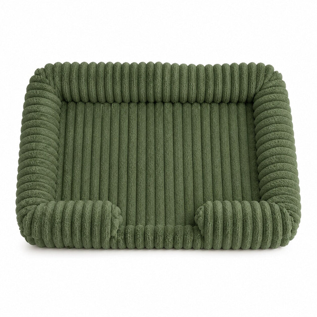 OrthoCanine orthopedic dog bed in Green, ribbed plush bolster bed on a white background
