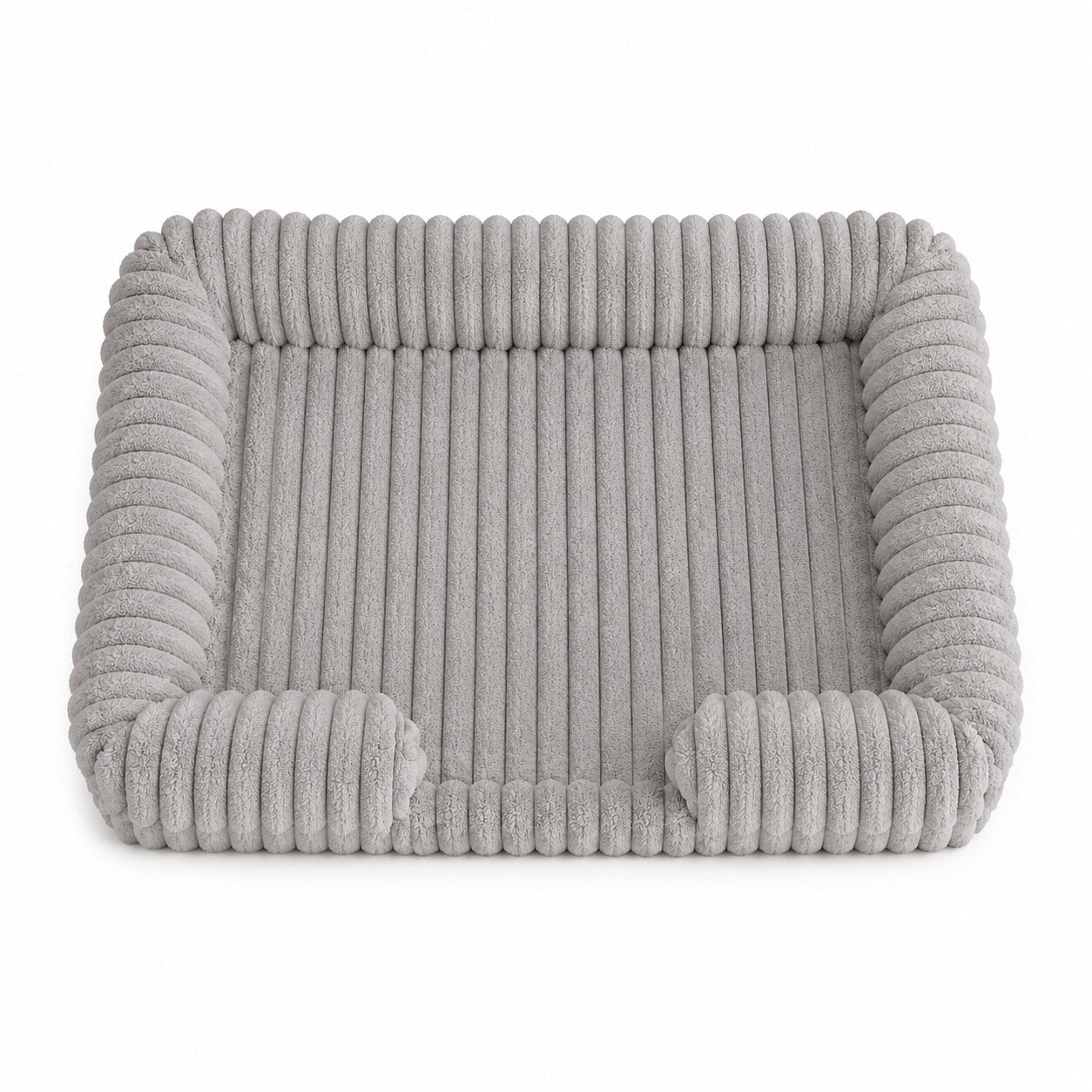 OrthoCanine orthopedic dog bed in Light Grey, ribbed plush bolster bed on a white background