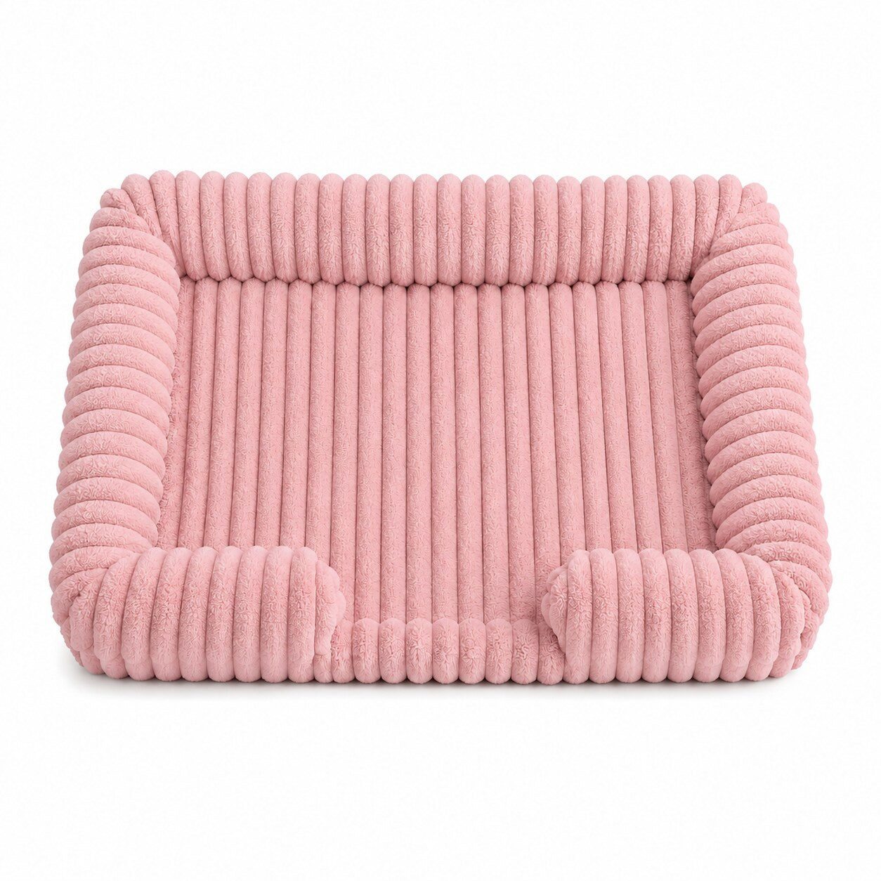 OrthoCanine orthopedic dog bed in Pink, ribbed plush bolster bed on a white background