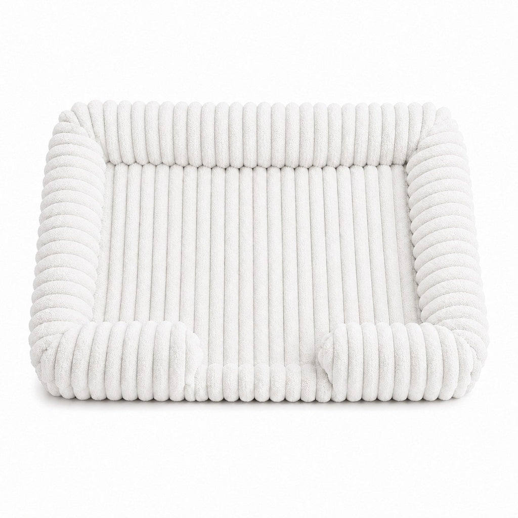 OrthoCanine orthopedic dog bed in White, ribbed plush bolster bed on a white background