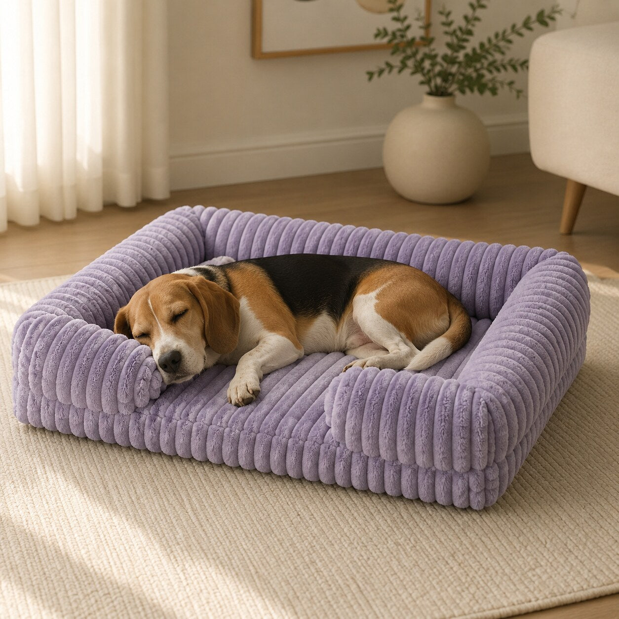 Size M OrthoCanine bed, 57 x 45 x 12 cm, with a beagle asleep on it