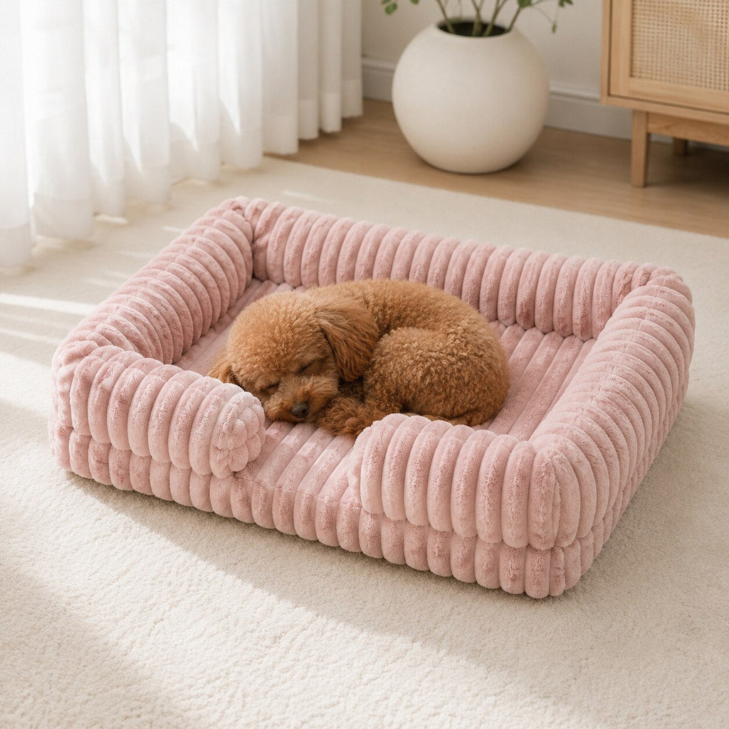 Size S OrthoCanine bed, 40 x 35 x 12 cm, with a toy poodle curled up asleep on it